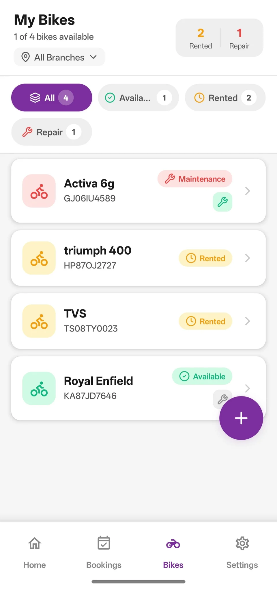 Velosta fleet list showing available, rented and in-service bikes