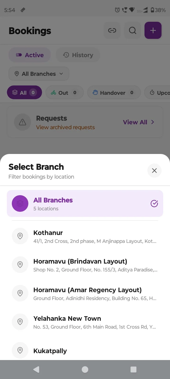 Multi-branch switcher in the Velosta vendor app
