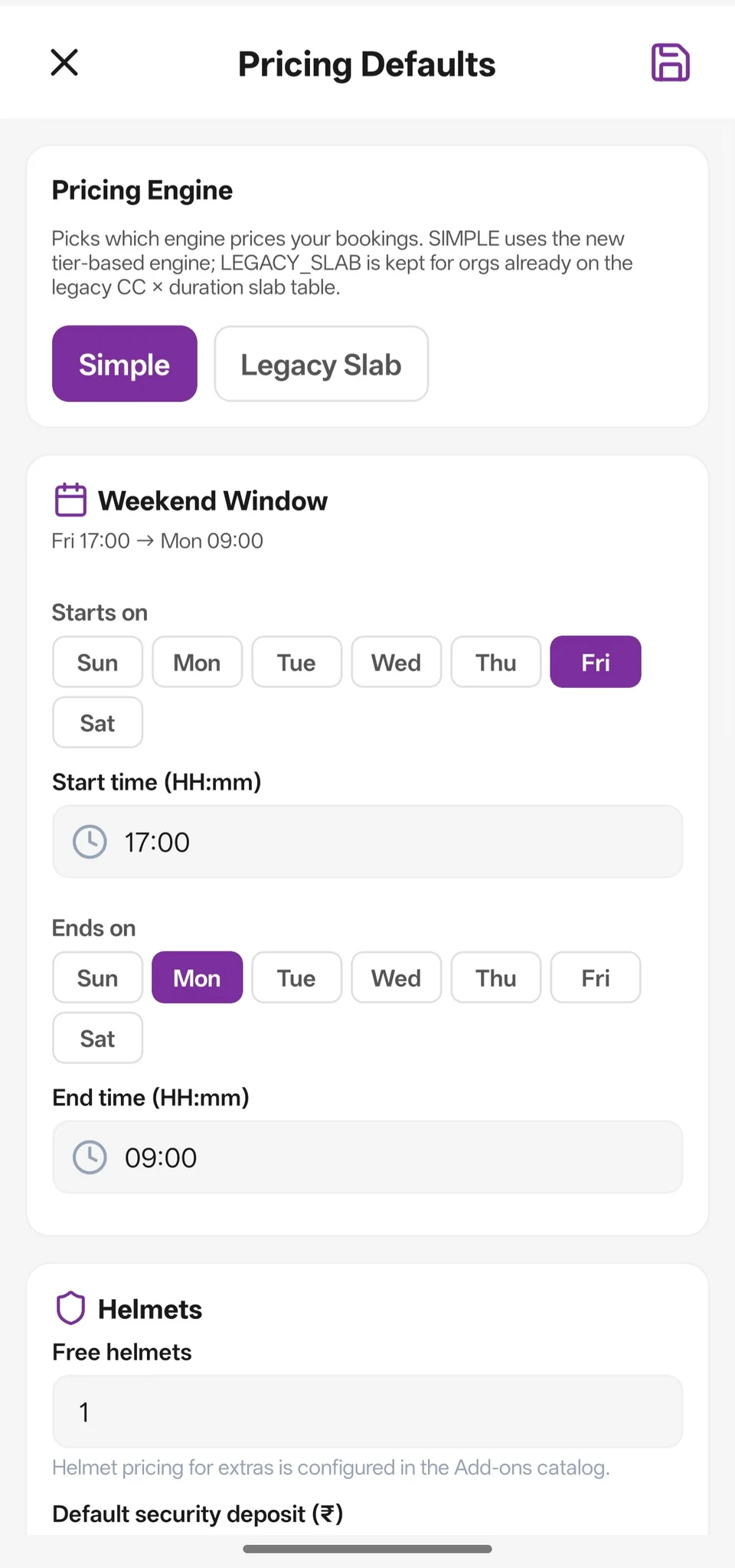Pricing setup screen in the Velosta vendor app